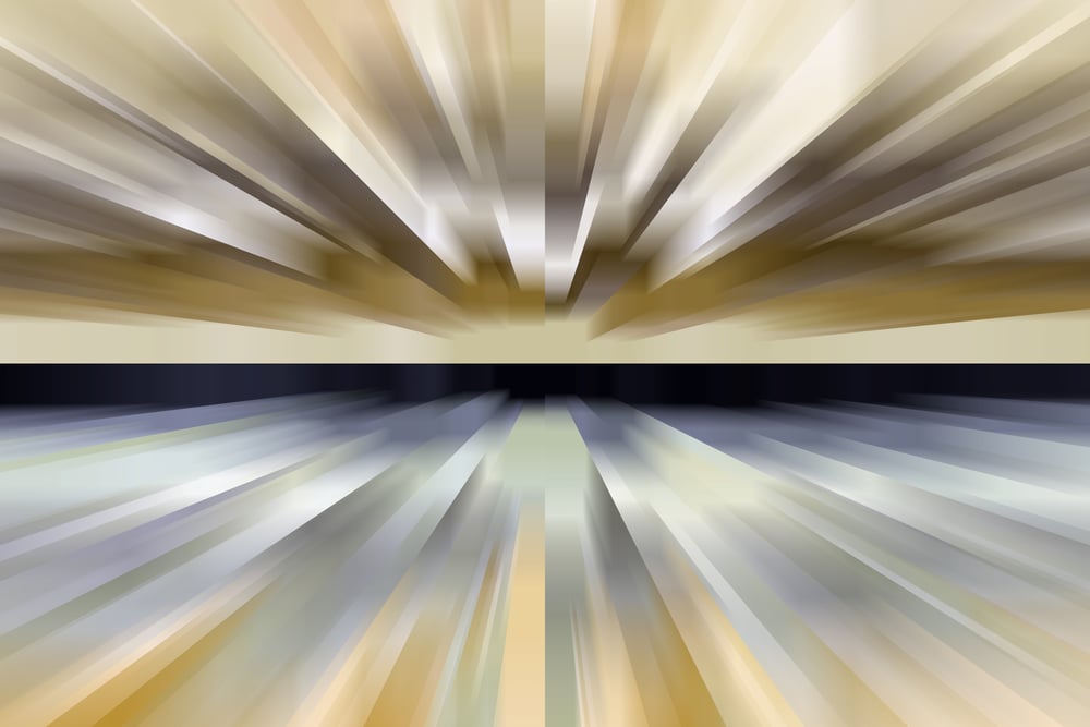 Urban symmetry with high angle view Geometric abstract of bright skyscrapers with radial blur above a dark street or river in the middle Urban symmetry with high angle view Geometric abstract of bright skyscrapers with radial blur above a dark street or river in the middle