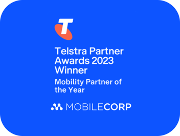 Blue background Telstra logo MobileCorp logo Telstra Mobility Partner of the Year 2023